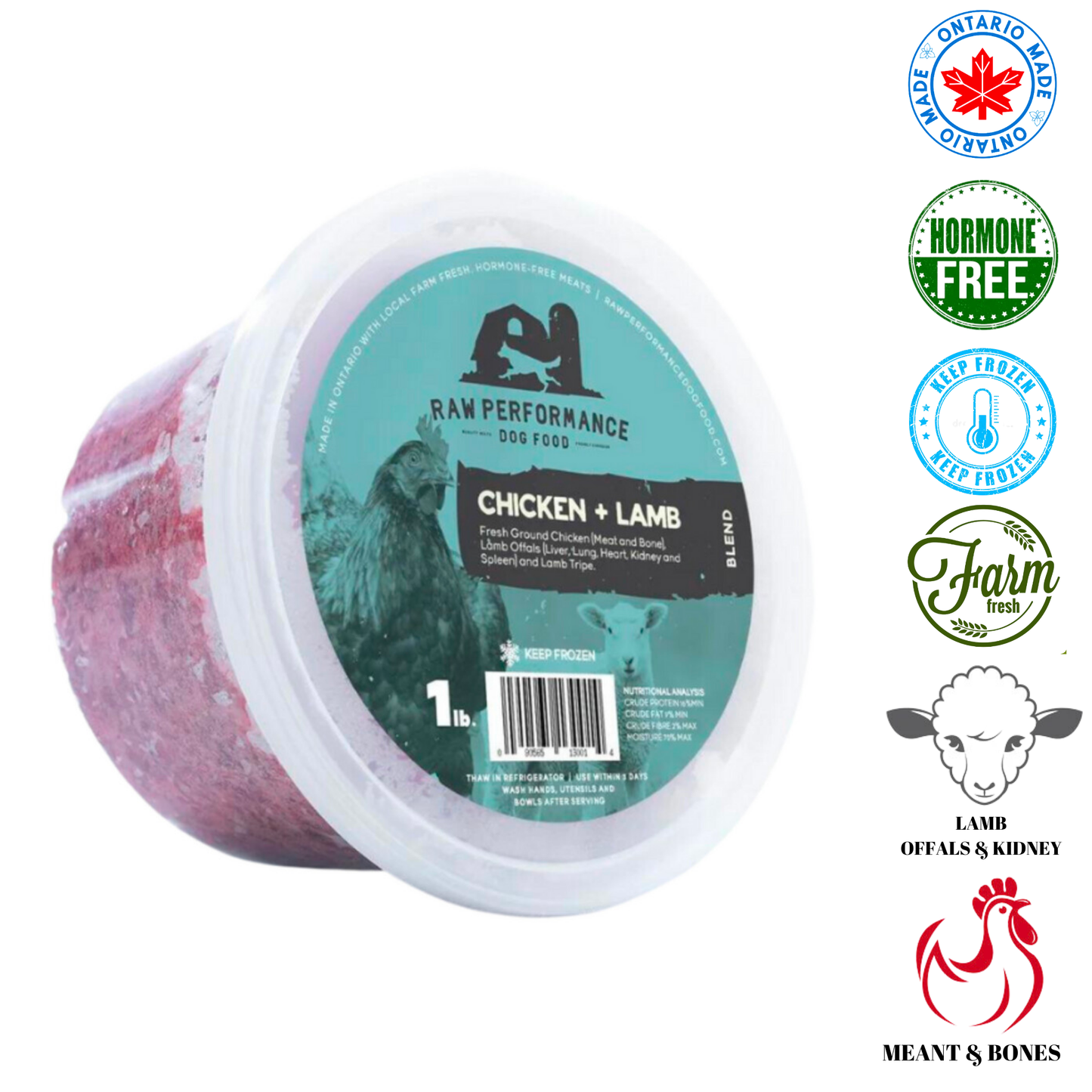 Raw Performance chicken and lamb dog food in a 1 lb container, hormone-free and made from fresh ingredients