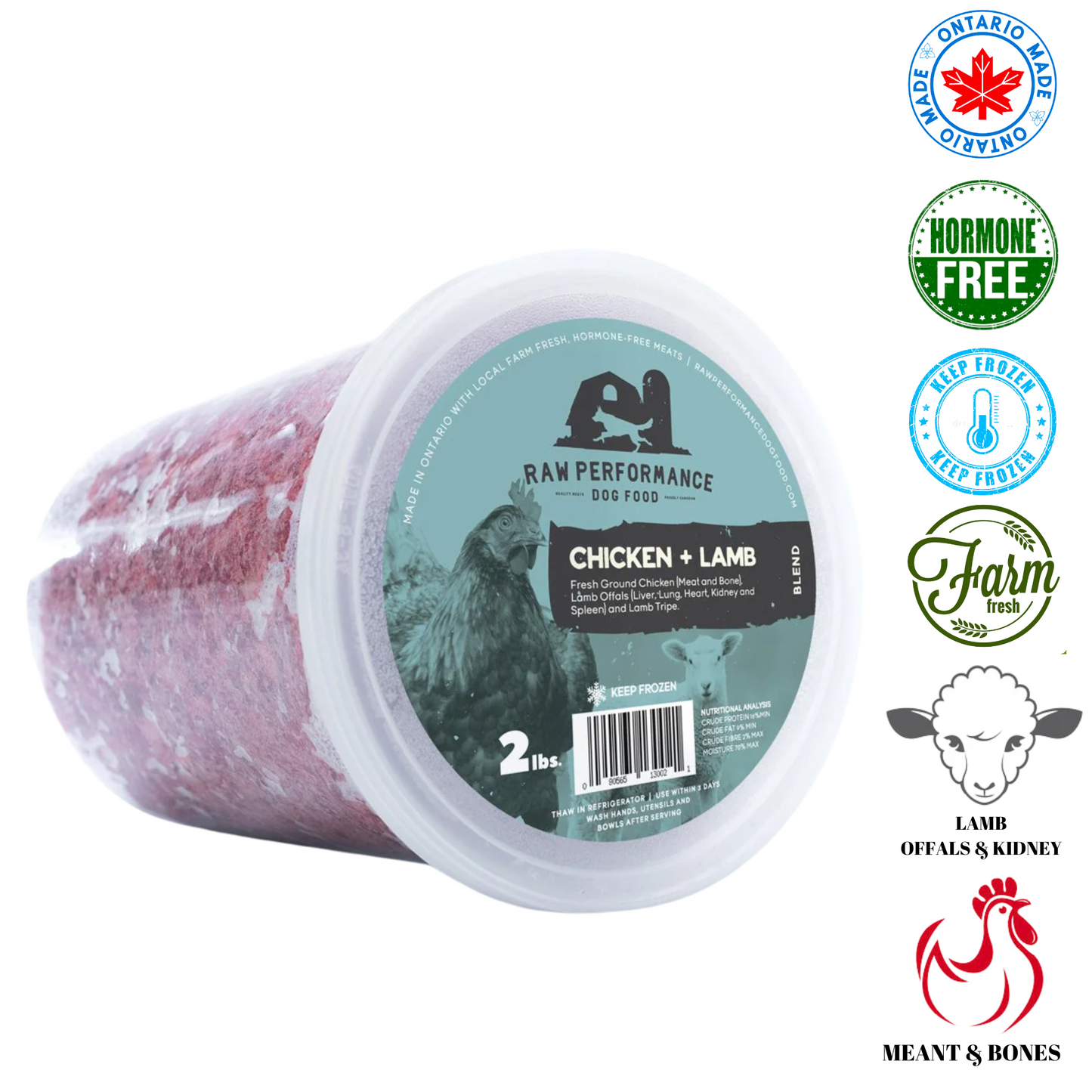 Raw Performance chicken and lamb dog food in a 2 lbs container, hormone free and Ontario made