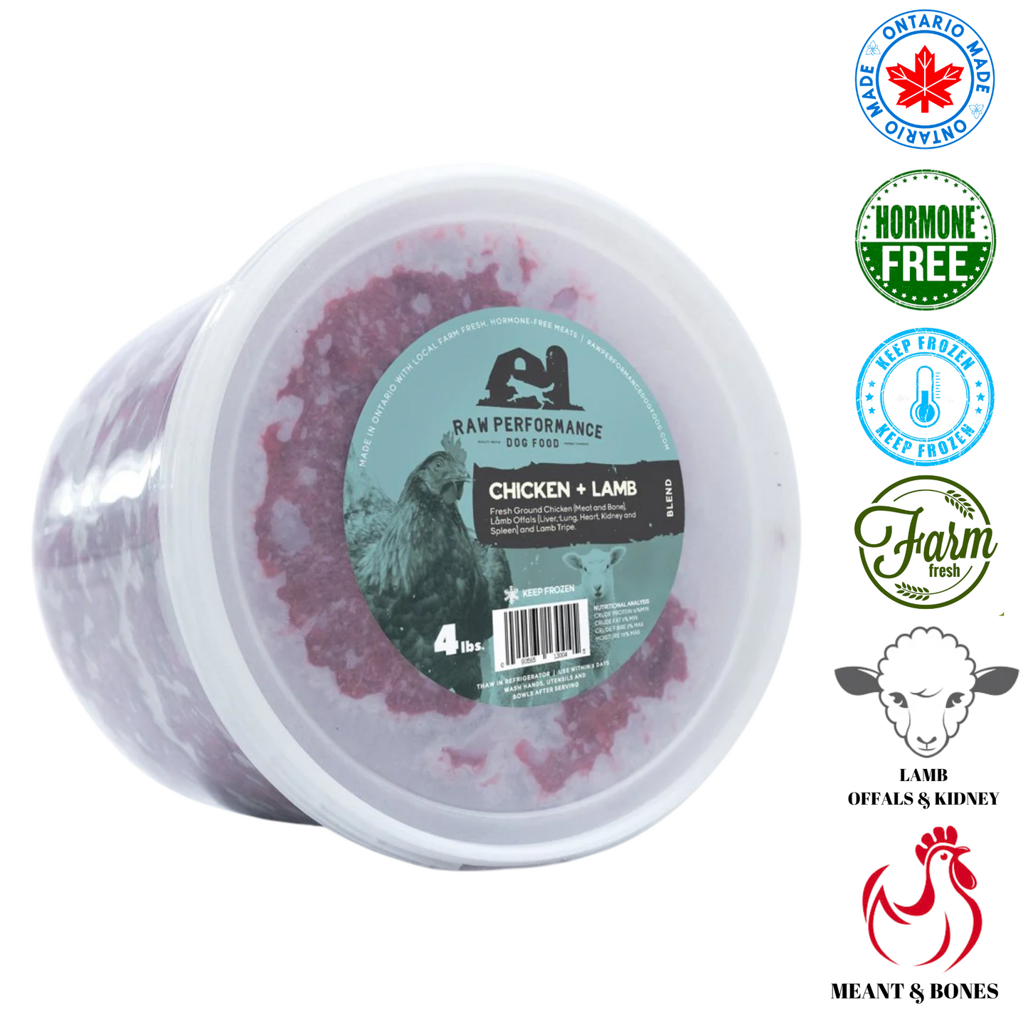 Raw Performance chicken and lamb dog food in a 4-pound tub, made from hormone-free ingredients