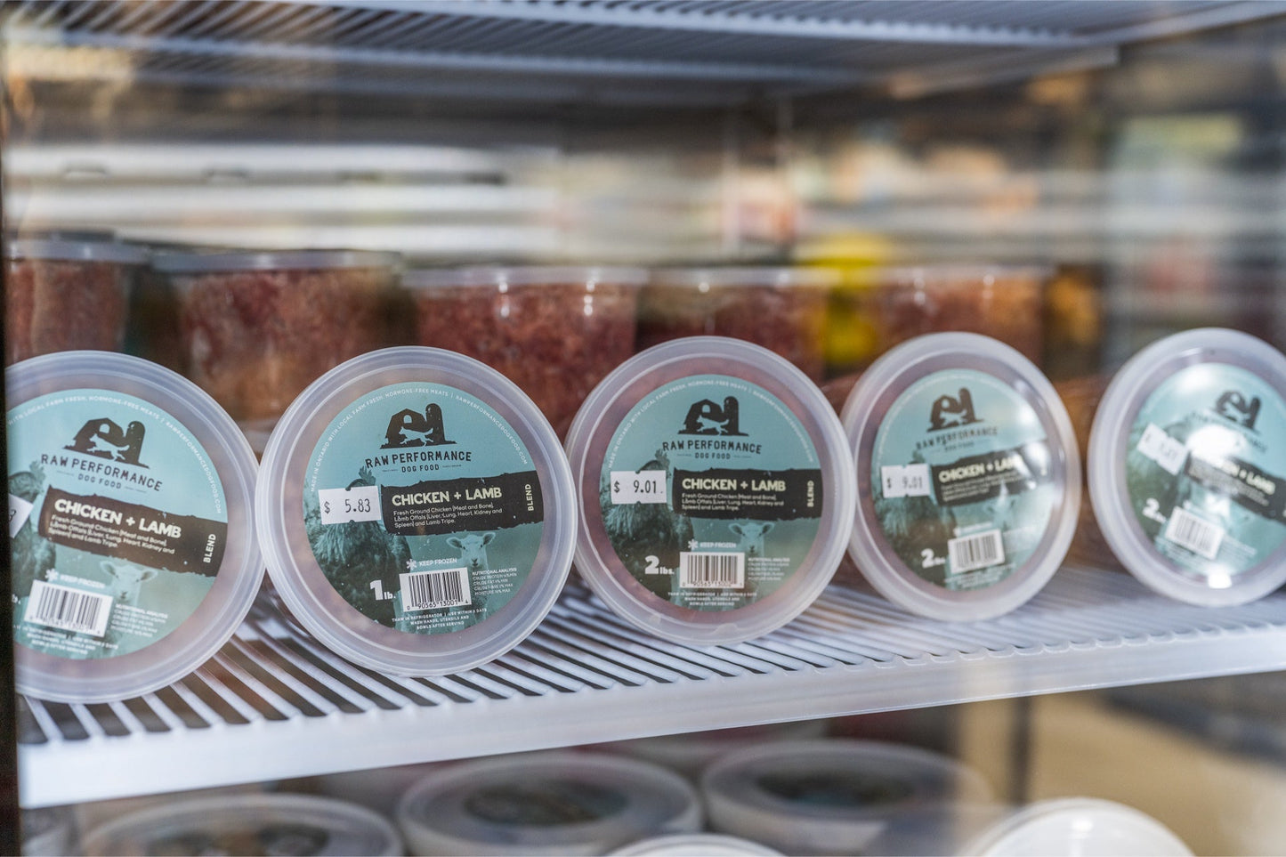 Raw Performance chicken and lamb dog food in clear containers displayed in a freezer case