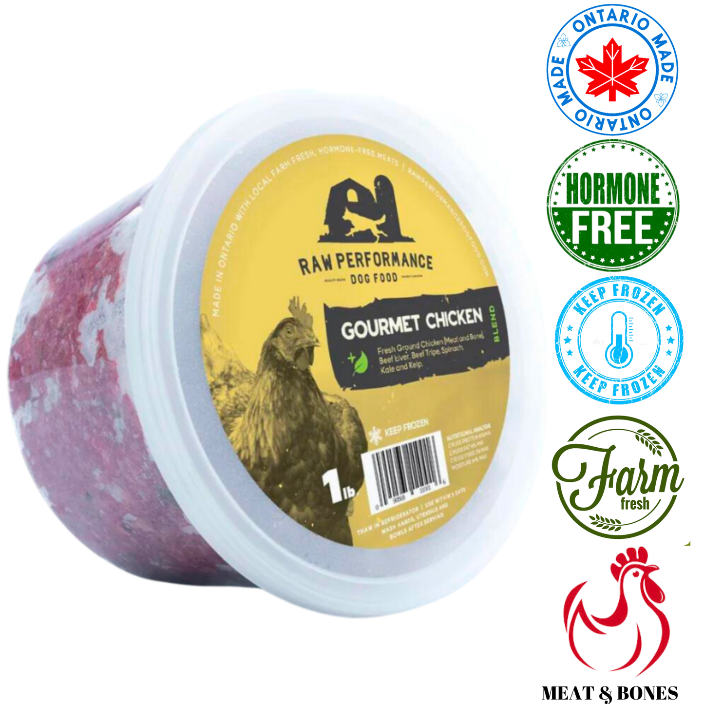 Raw Performance gourmet chicken raw dog food in a 1 lb container for healthy canine diets