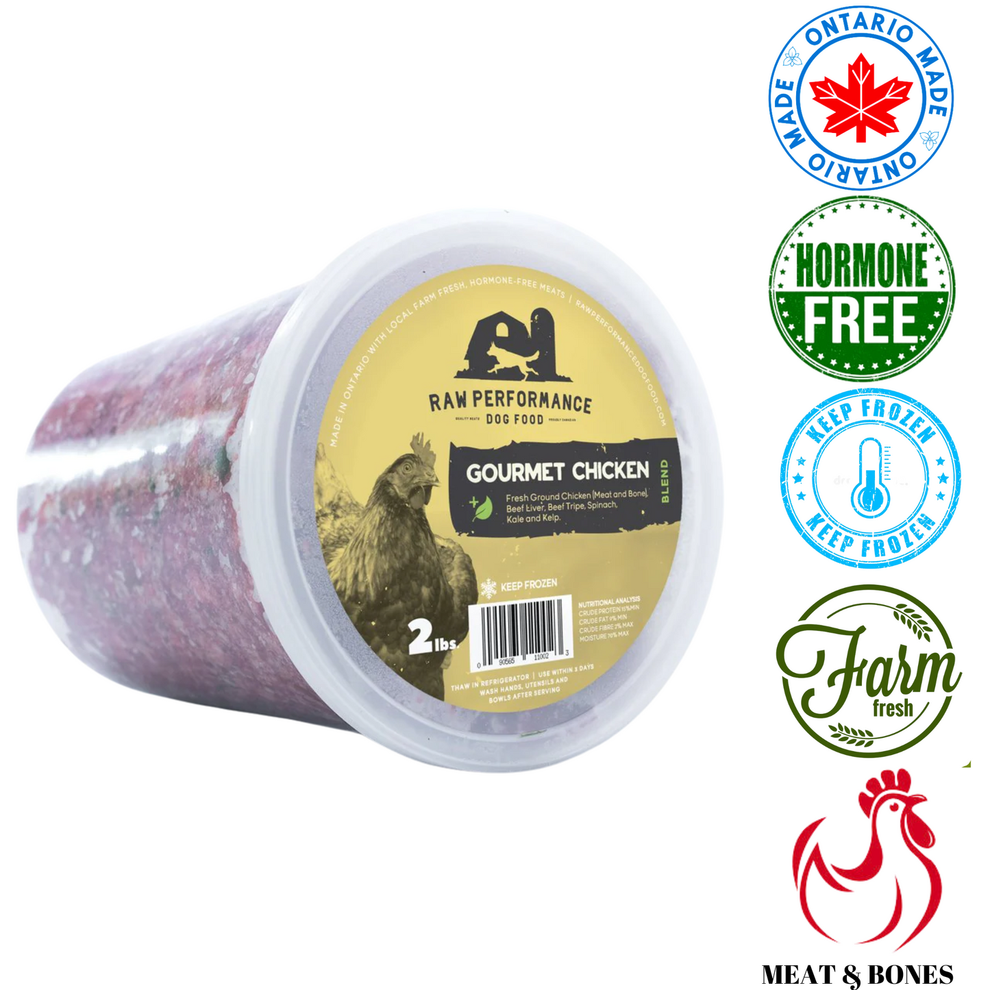 Raw Performance gourmet chicken raw dog food in a 2 lb tub, hormone-free for healthy dogs