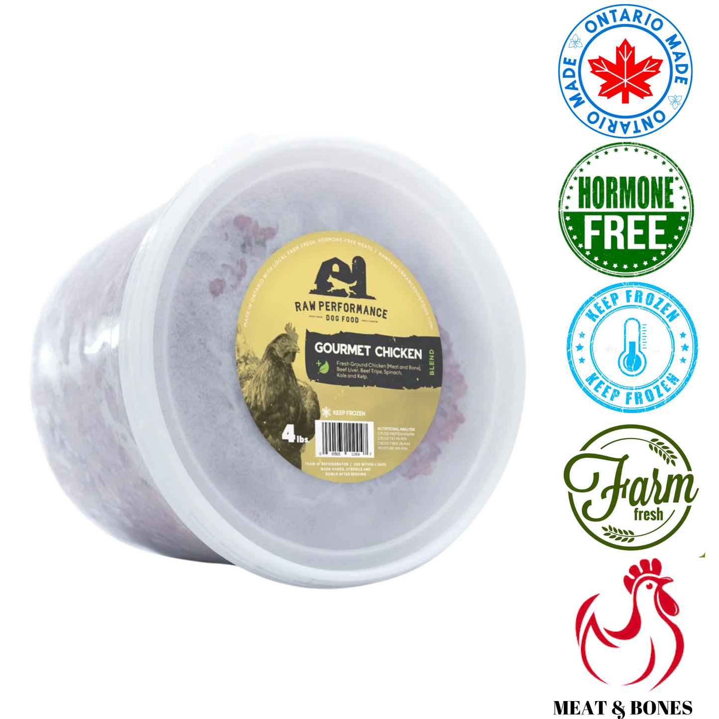Raw Performance gourmet chicken raw dog food in a 4-pound frozen tub, hormone-free and farm fresh