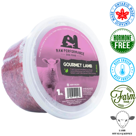 Raw Performance gourmet lamb dog food in a 1 lb container, featuring fresh lamb meat and hormone-free ingredients