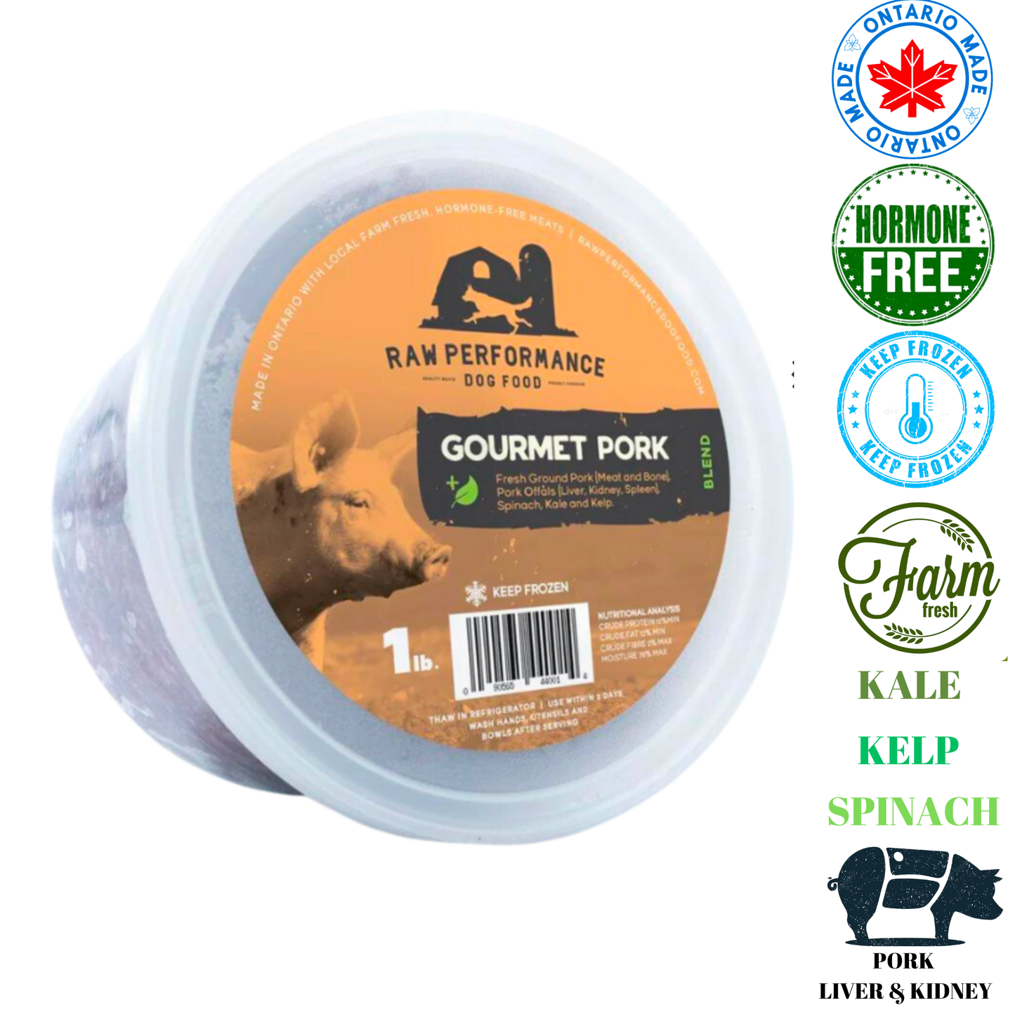 Raw Performance Gourmet pork dog food in a 1 lb tub with farm-fresh ingredients and nutrient-rich vegetables