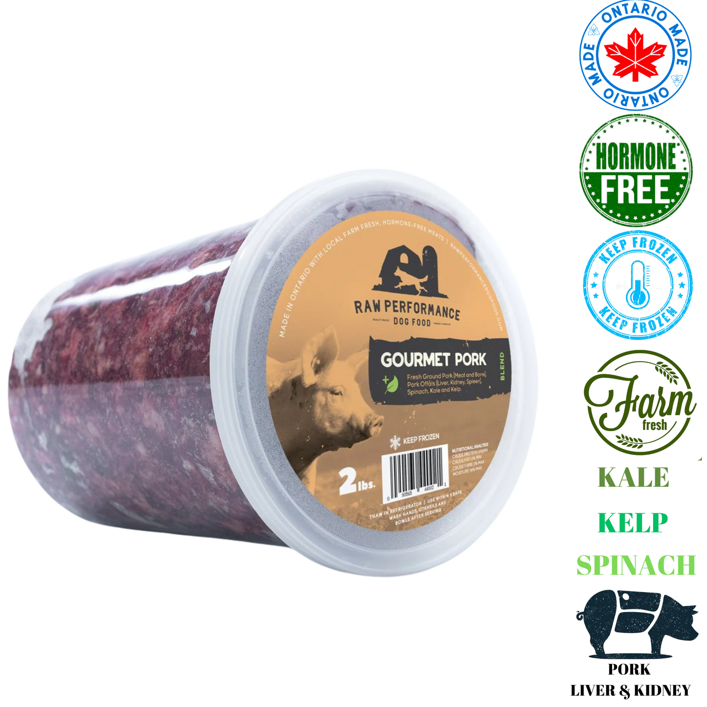 Raw Performance Gourmet pork dog food in a 2 lb container, made with hormone-free ingredients