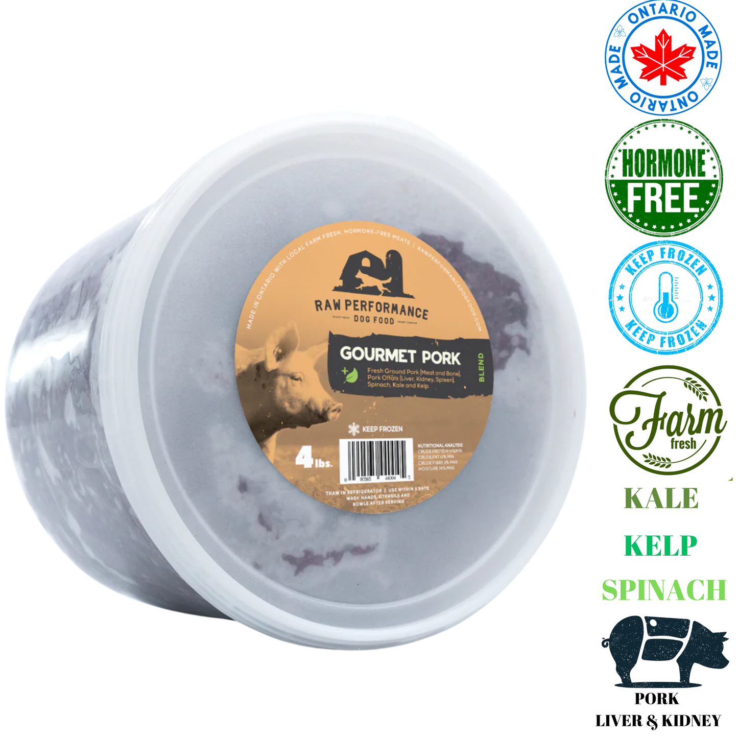 Raw Performance Gourmet pork dog food in a 4 lb tub, hormone-free and farm-fresh ingredients