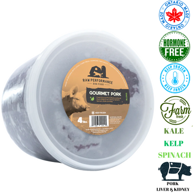 Raw Performance Gourmet pork dog food in a 4 lb tub, hormone-free and farm-fresh ingredients