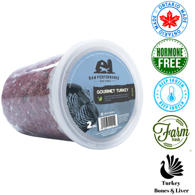 Raw Performance Gourmet turkey dog food in a 2 kg container, hormone free and farm fresh ingredients