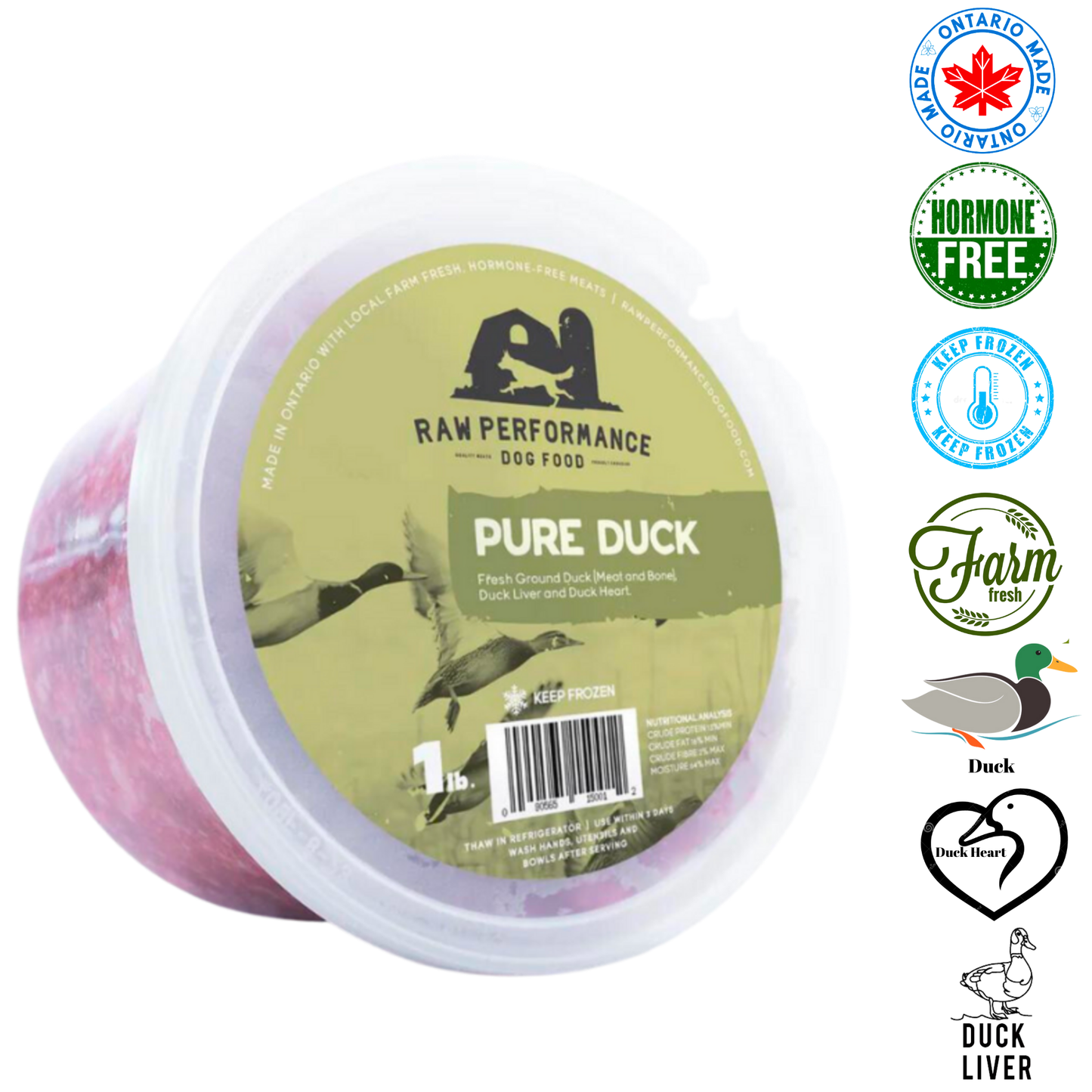 Raw Performance Pure Duck Raw Dog Food in a 1 lb package, made with fresh ground duck meat and organs