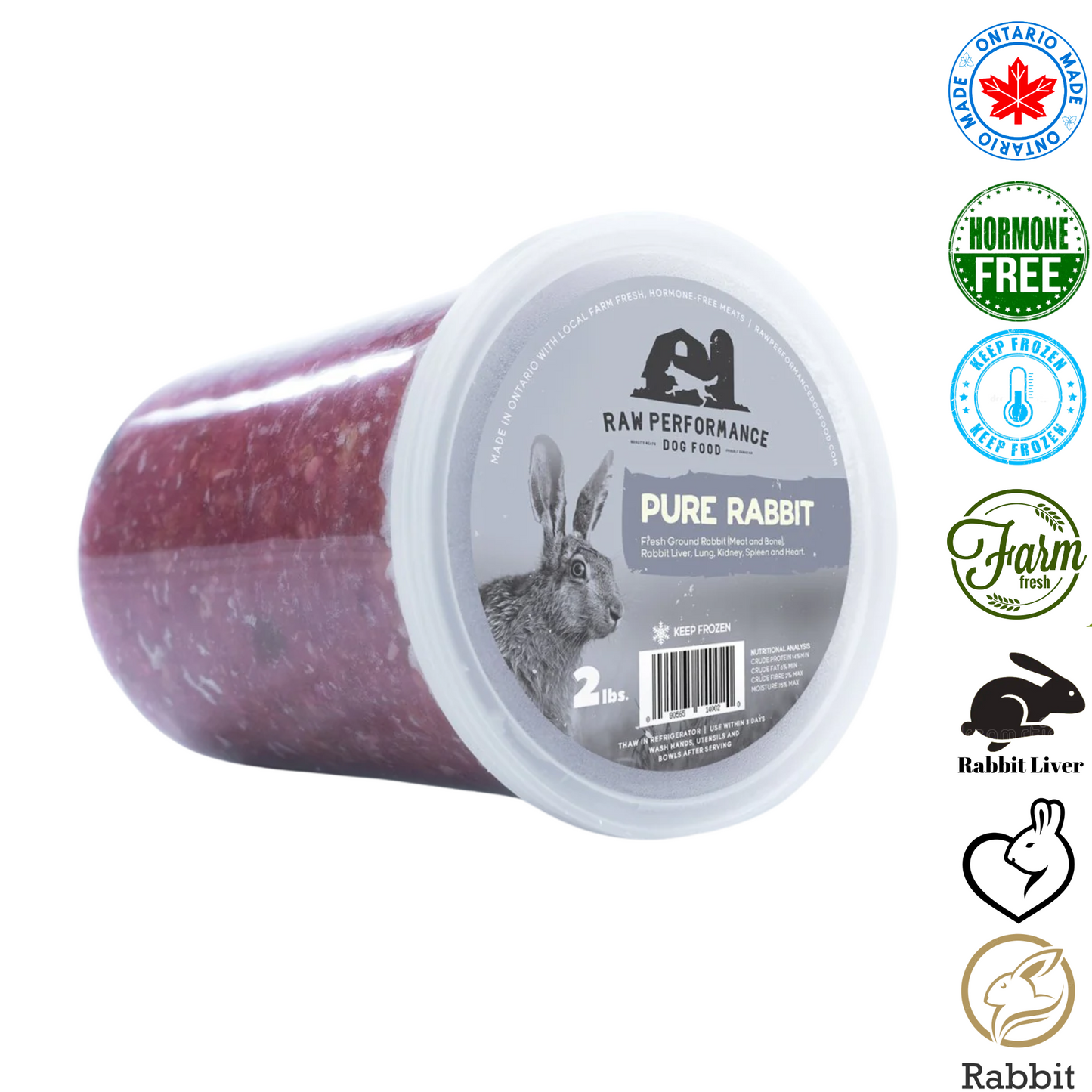Raw Performance pure rabbit raw dog food packaged in a 2 lb container for healthy pet nutrition