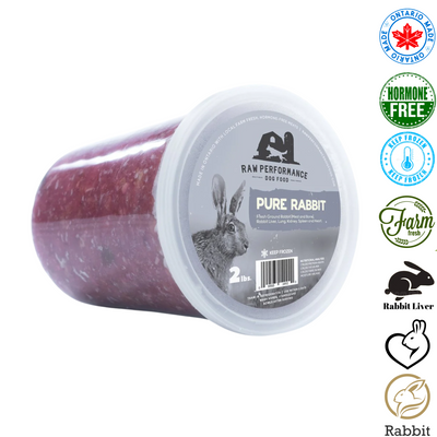 Raw Performance pure rabbit raw dog food packaged in a 2 lb container for healthy pet nutrition