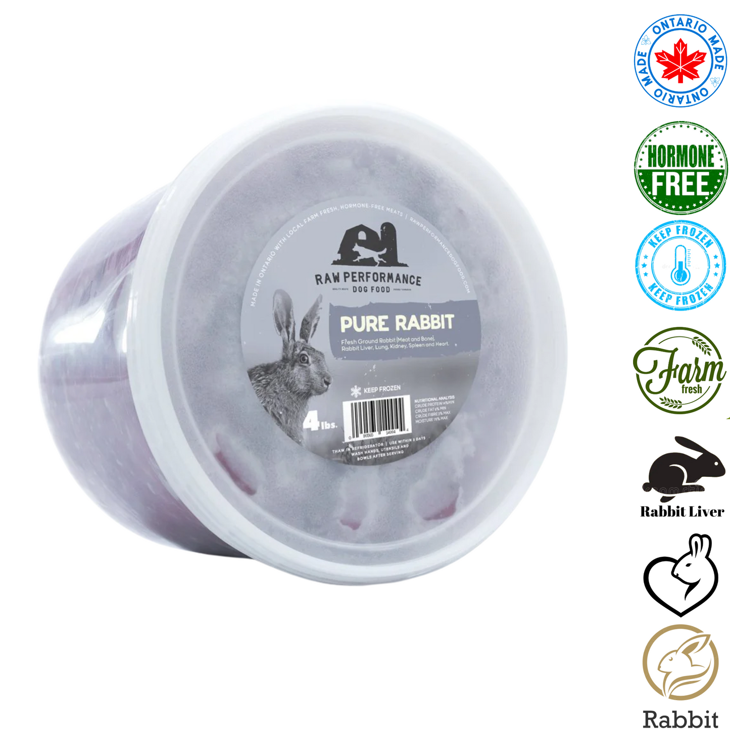 Raw Performance pure rabbit raw dog food in a sealed tub, fresh and nutritious for dogs