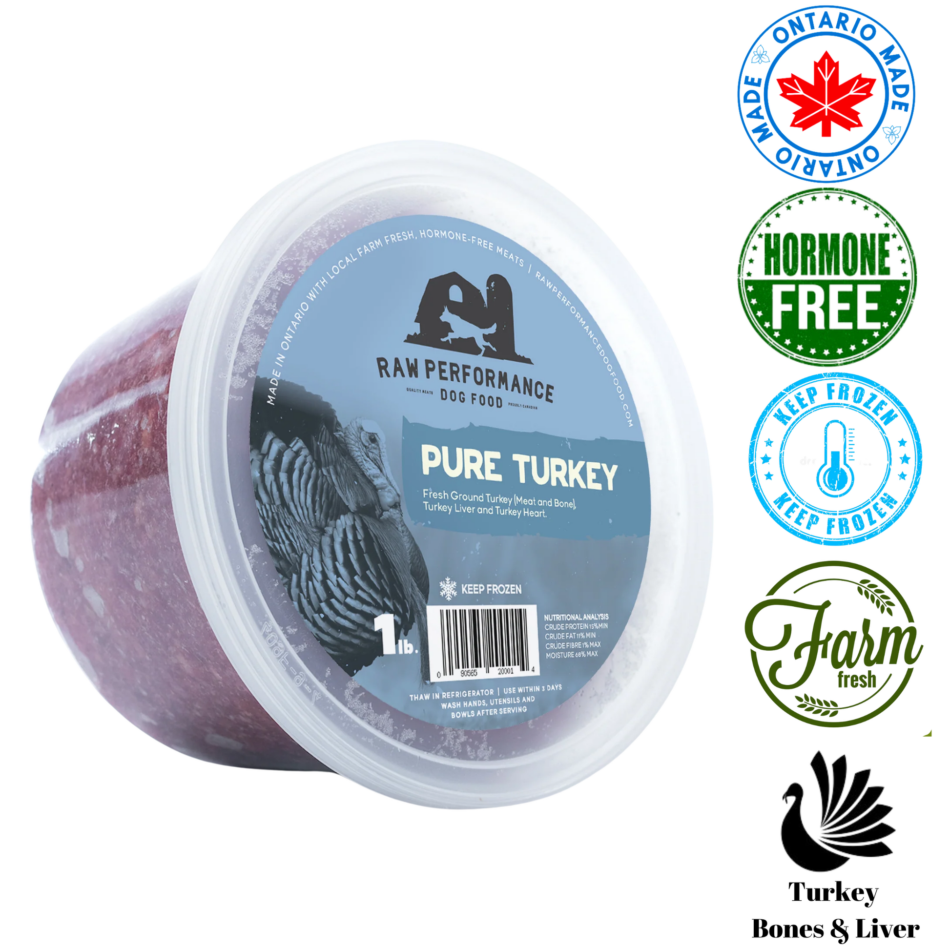 Raw Performance Pure Turkey Raw Dog Food in a 1L tub, hormone-free and farm fresh