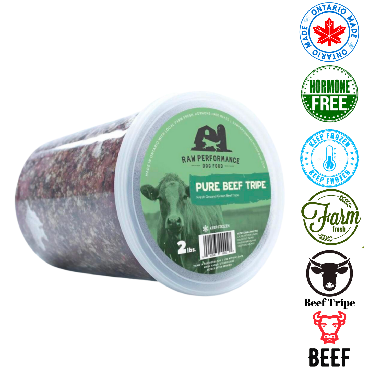 Raw Performance raw beef tripe dog food in a 2 lb container, hormone-free and farm fresh