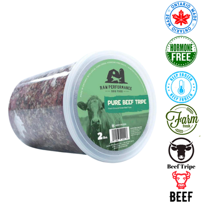 Raw Performance raw beef tripe dog food in a 2 lb container, hormone-free and farm fresh