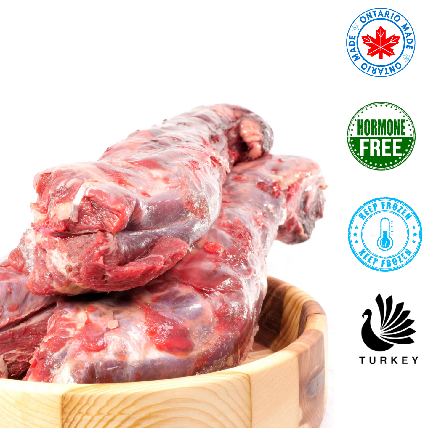 Raw Performance raw turkey necks for dogs stacked in a wooden bowl showing fresh hormone-free frozen turkey meat