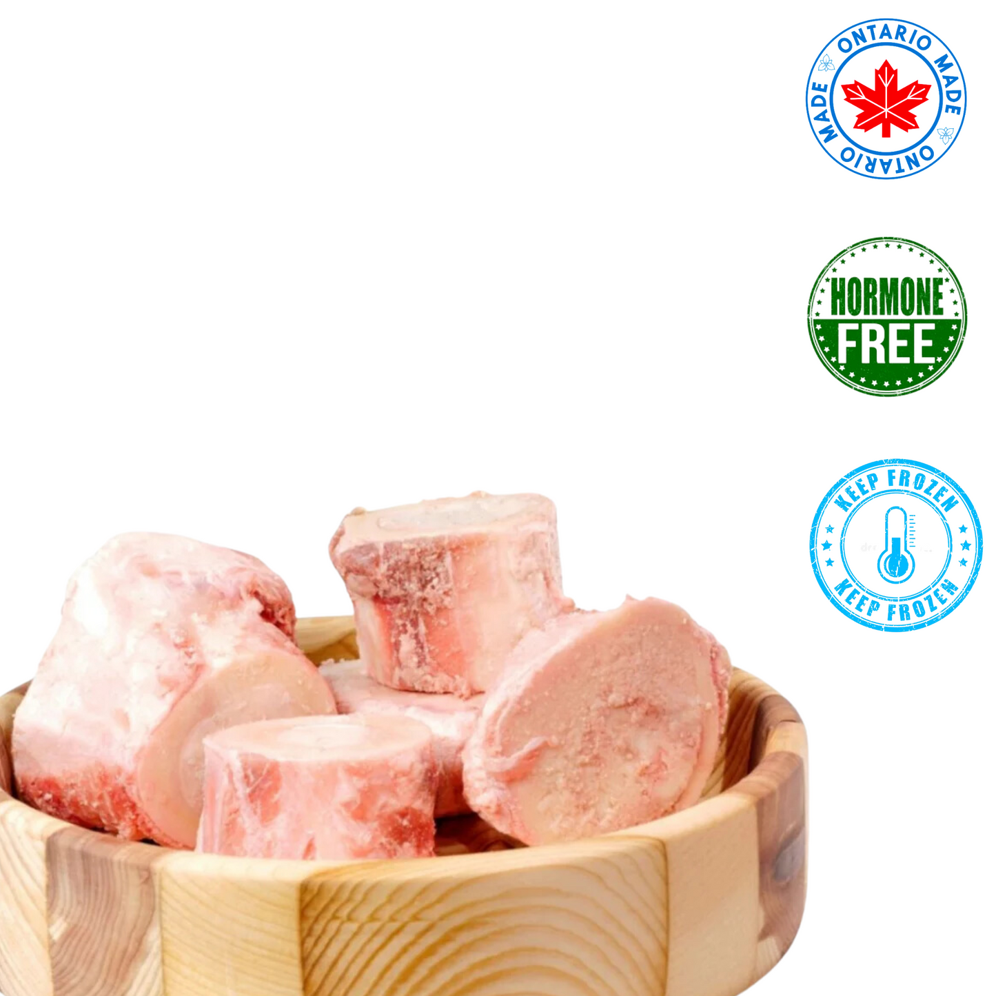 Raw Performance small bone marrow for dogs in a wooden bowl, hormone-free and frozen for freshness