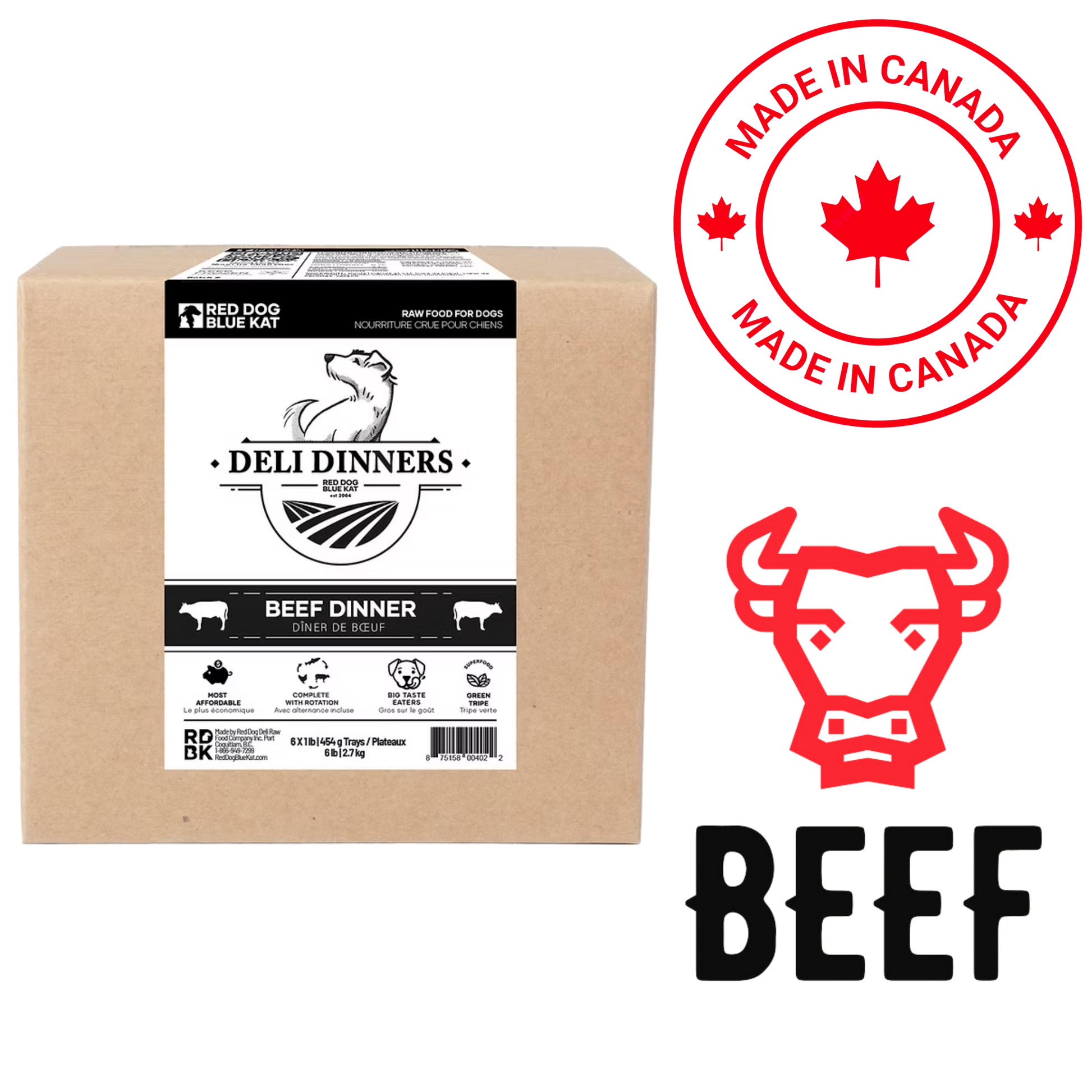 Red Dog Blue Kat beef dinner raw dog food box with made in Canada label and beef icon
