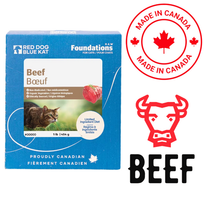 Red Dog Blue Kat beef raw cat food in blue packaging made in Canada for cats