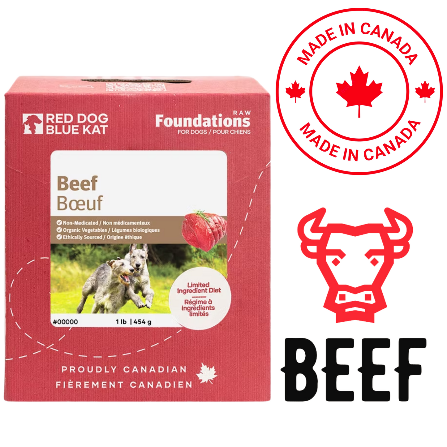 Red Dog Blue Kat beef raw dog food in 1 lb box featuring beef flavor and made in Canada