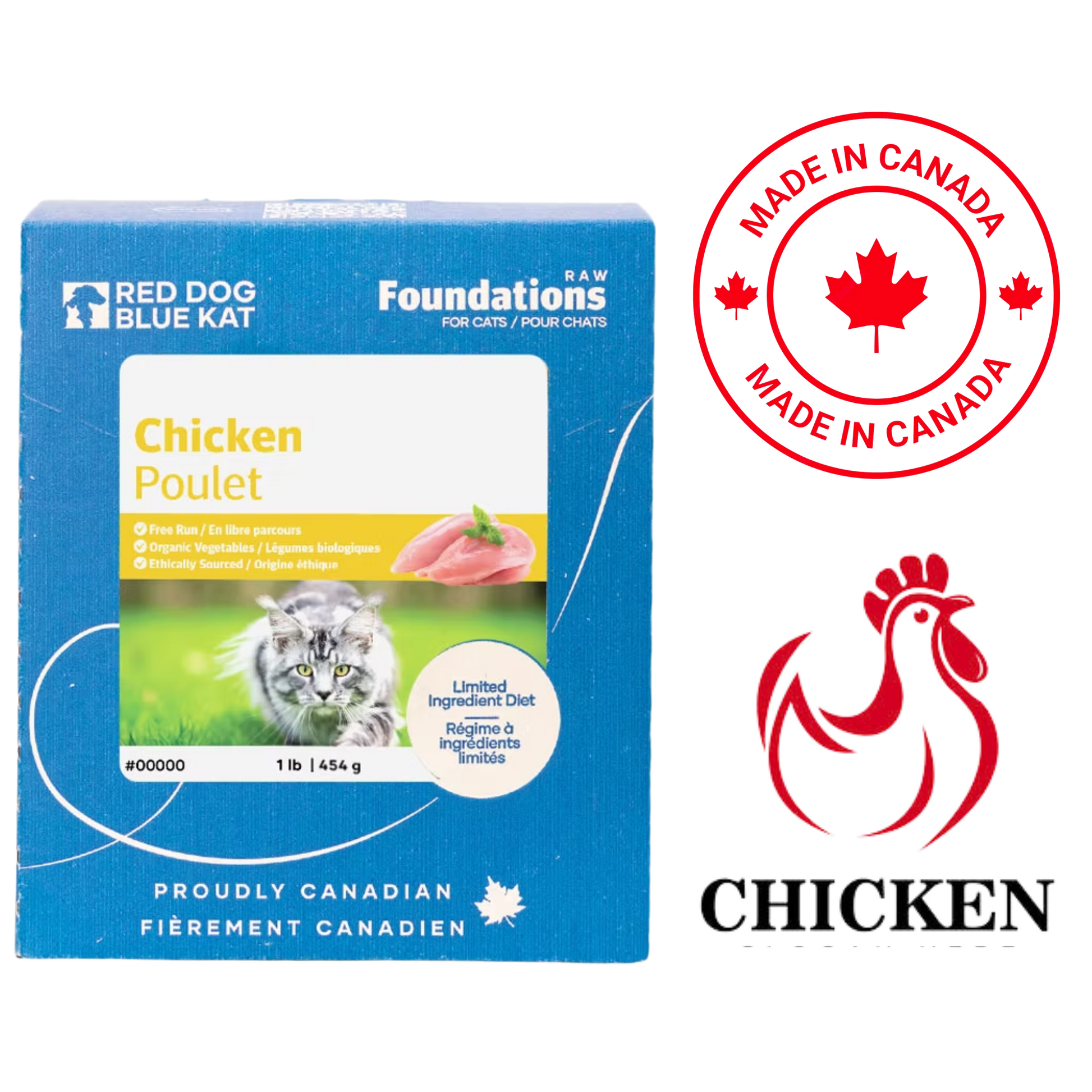 Red Dog Blue Kat raw chicken cat food box with chicken image and Canadian made label