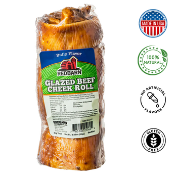 RedBarn beef cheek roll dog treat, natural glazed flavor for long-lasting chewing enjoyment