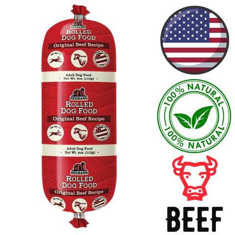 RedBarn beef roll dog food original beef recipe in 4 oz packaging for adult dogs