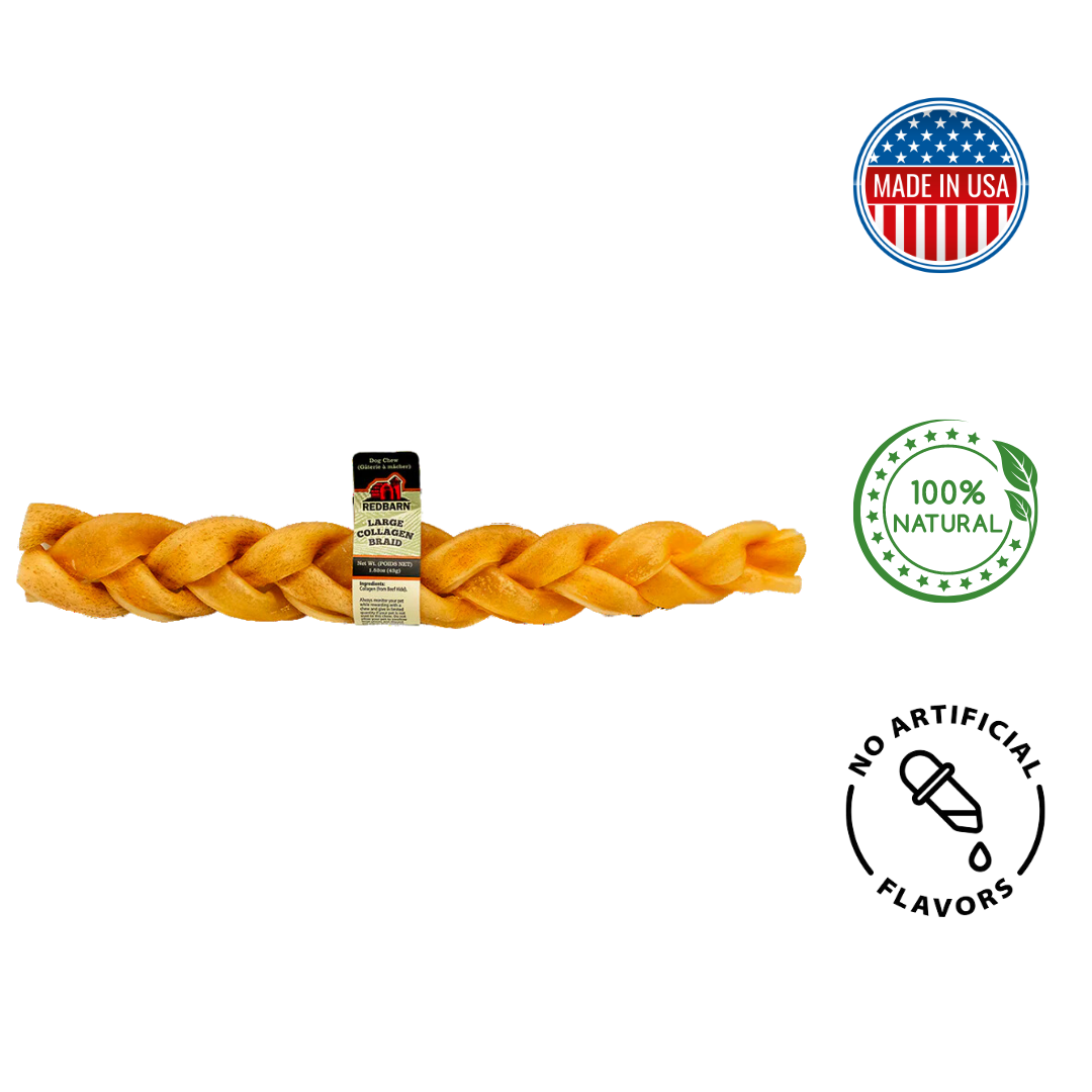 RedBarn collagen braid dog treats, all-natural and made in the USA for healthy chewing