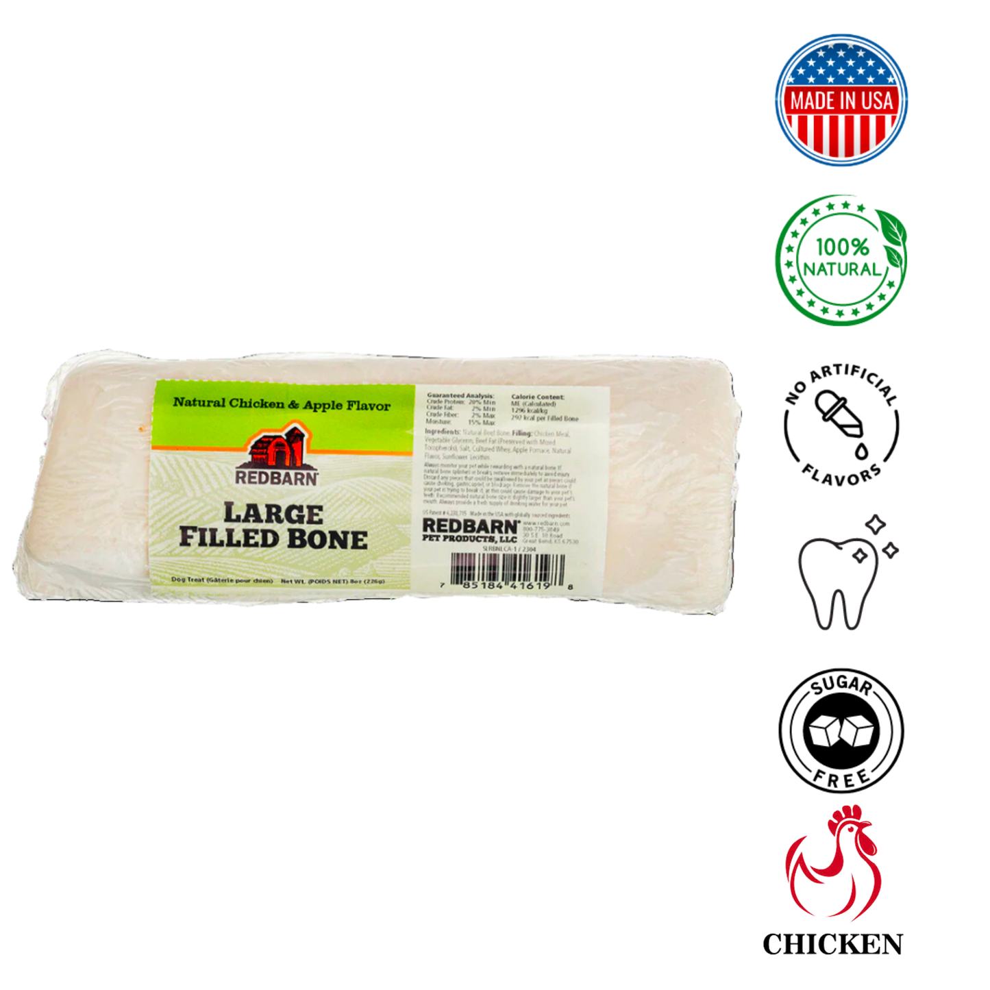 RedBarn Natural Chicken and Apple Dog Treats in a Large Filled Bone for Healthy Chewing