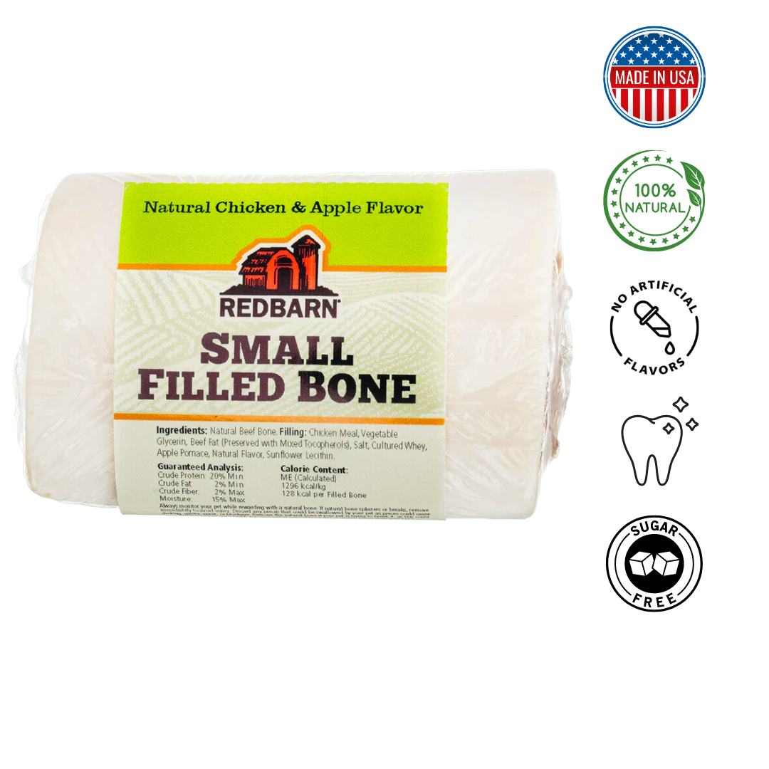 RedBarn Natural Chicken and Apple Dog Treats in a clear package showcasing ingredients