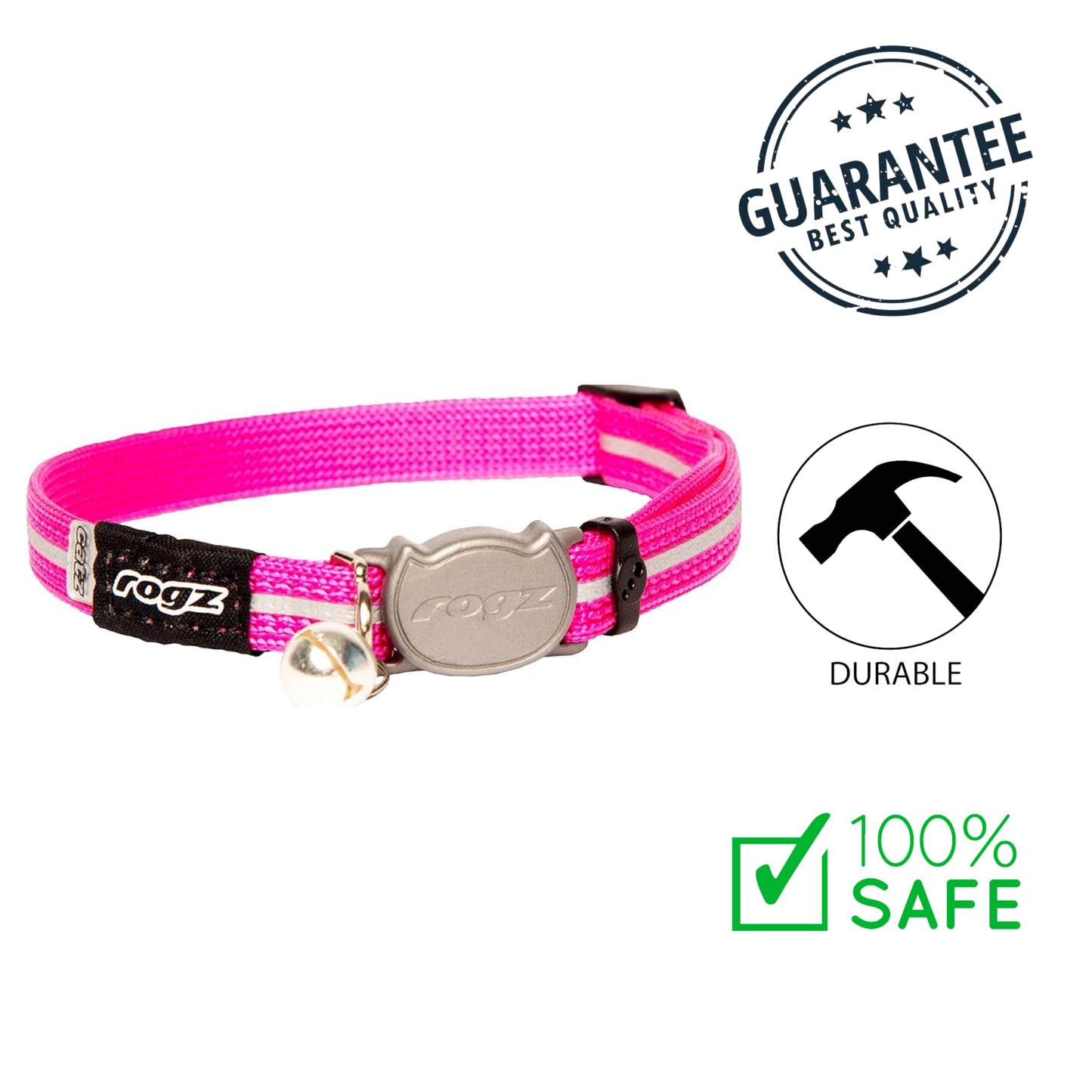 Rogz cat safety collar pink with reflective stripes and breakaway buckle for pet safety