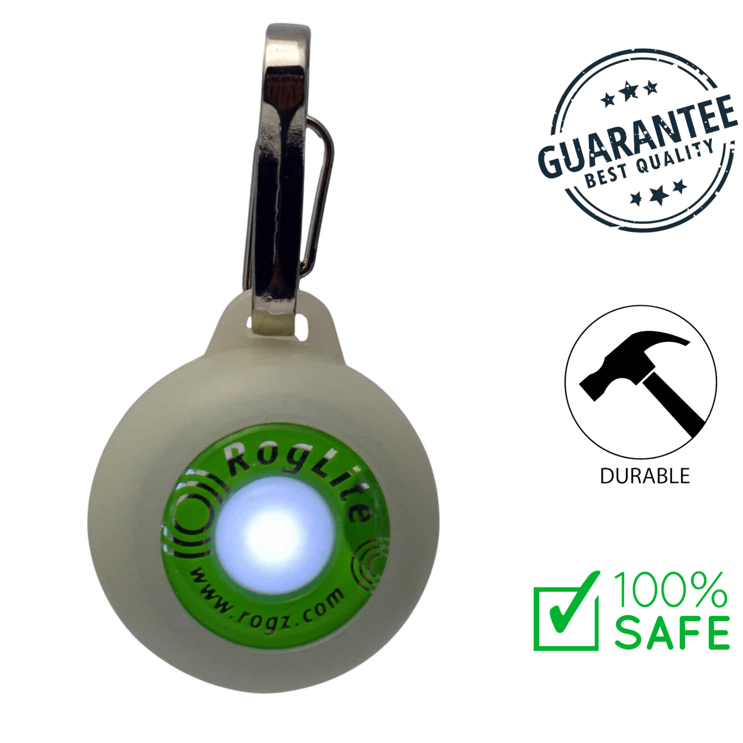 Rogz Roglite glow tag for dogs with bright LED light and durable clip for pet safety