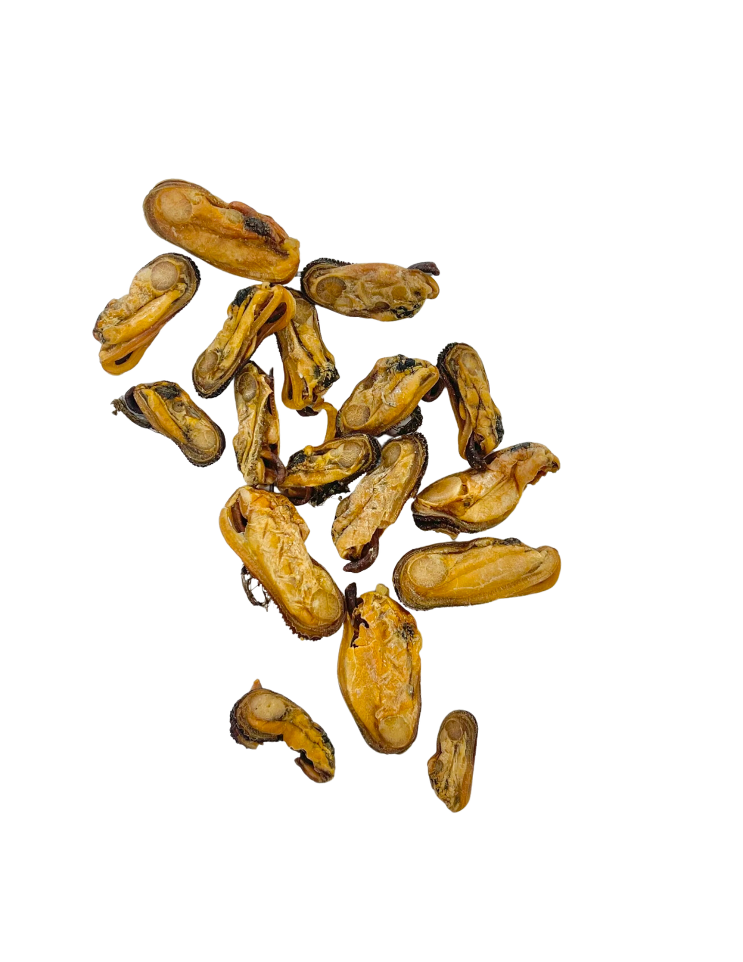 Close-up of rover pet green lipped mussel dog treats in golden brown color on black background