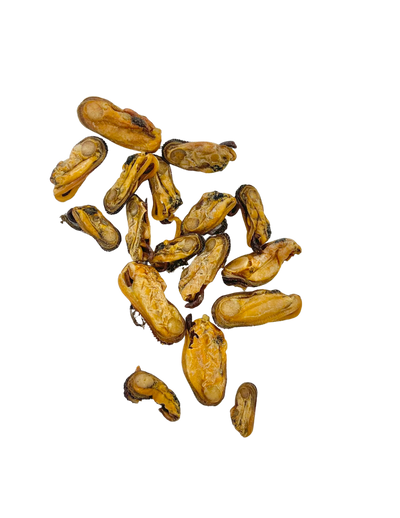 Close-up of rover pet green lipped mussel dog treats in golden brown color on black background