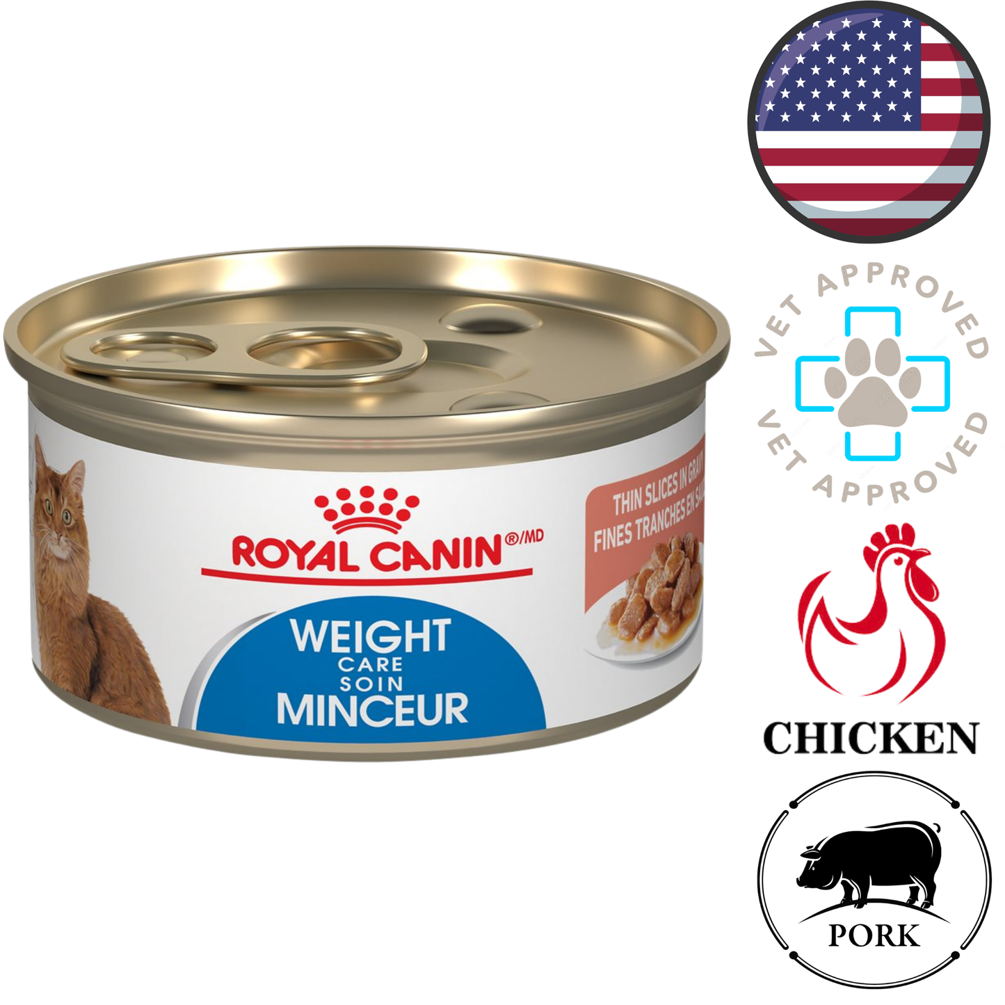 Royal Canin Weight Care adult canned cat food in gravy with chicken and pork thin slices vet approved