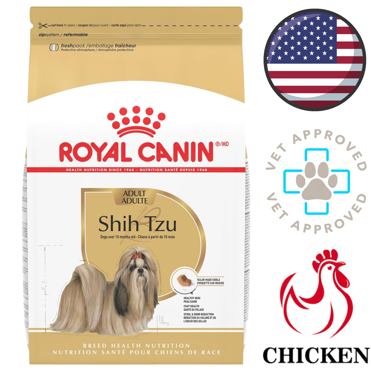 Royal Canin Adult Shih Tzu dry dog food bag with chicken formula and vet approved badge best dog food for adult Shih Tzu
