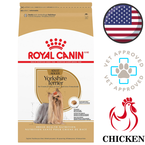 Royal Canin Yorkshire Terrier adult chicken formula bag with vet approved badge best dog food for Yorkies