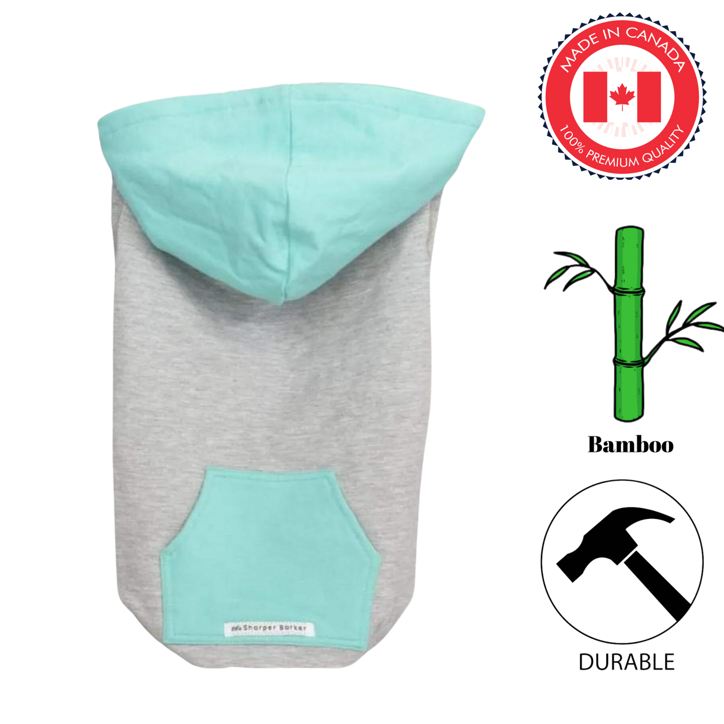 Sharper barker bamboo fleece dog hoodie skye in gray with light blue hood and pocket made in Canada