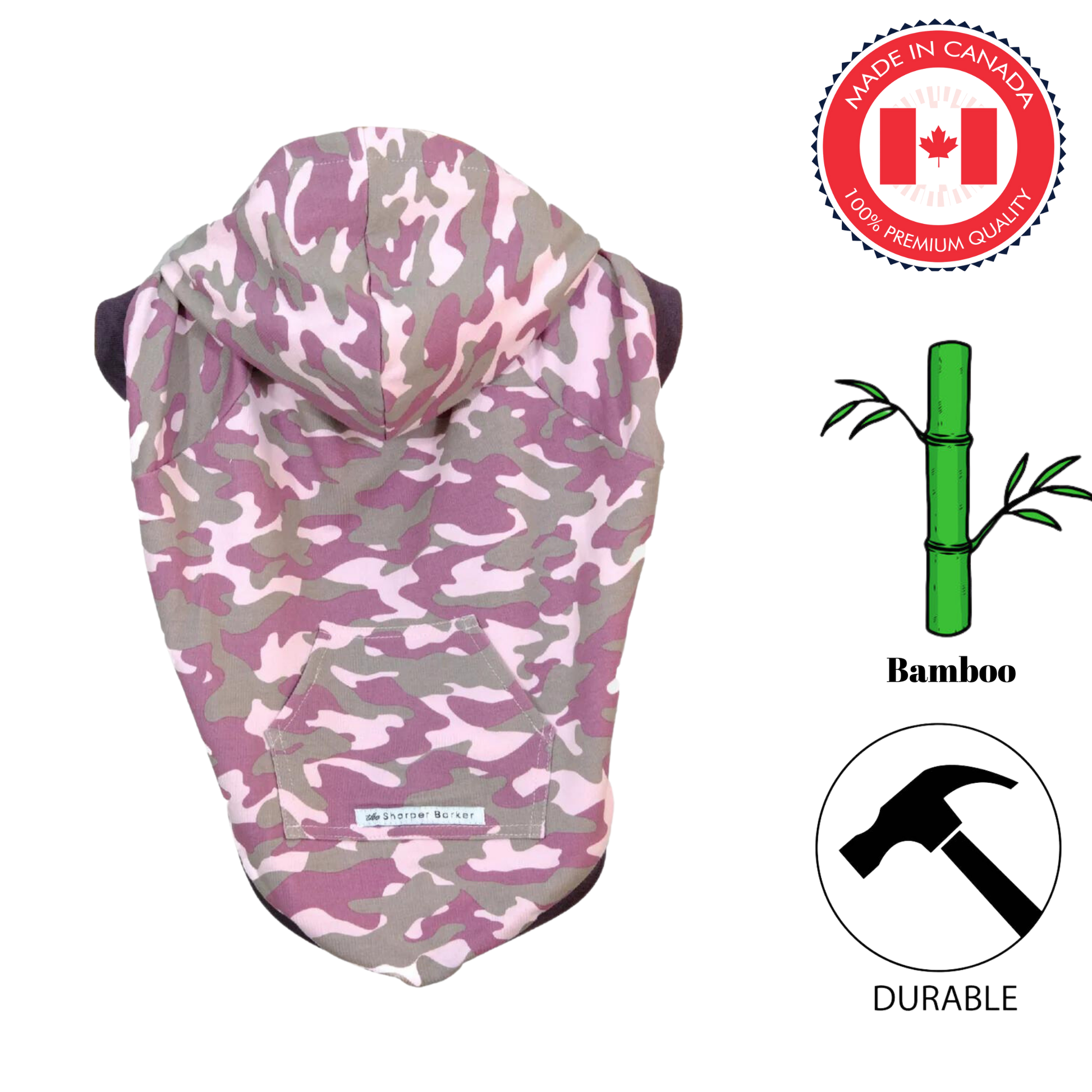 Sharper barker emma french terry dog hoodie in pink camo pattern made from durable bamboo fabric