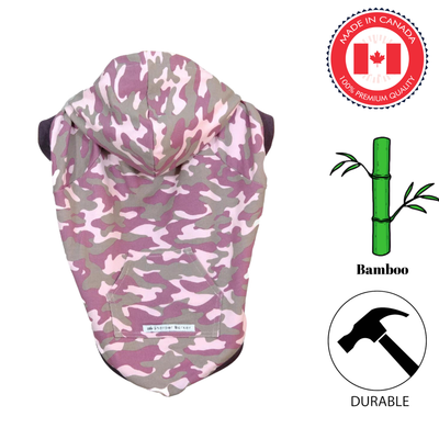 Sharper barker emma french terry dog hoodie in pink camo pattern made from durable bamboo fabric