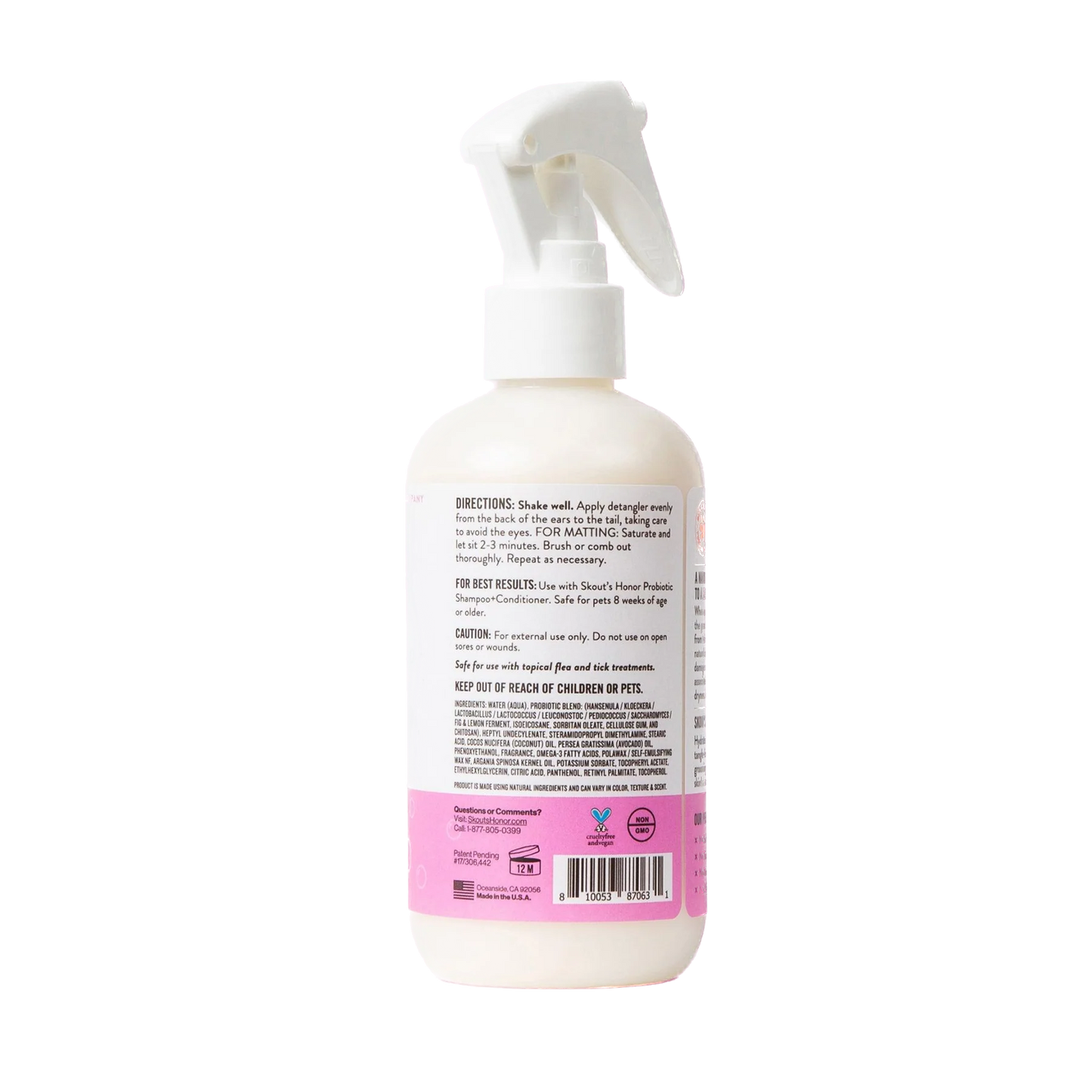 Back view of Skout Honour lilac linen puppy probiotic detangler spray bottle for dog grooming