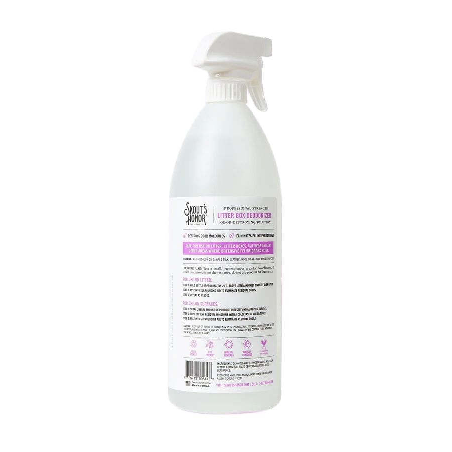 Skout Honour litter box deodorizer spray in white trigger bottle for cat grooming odor control