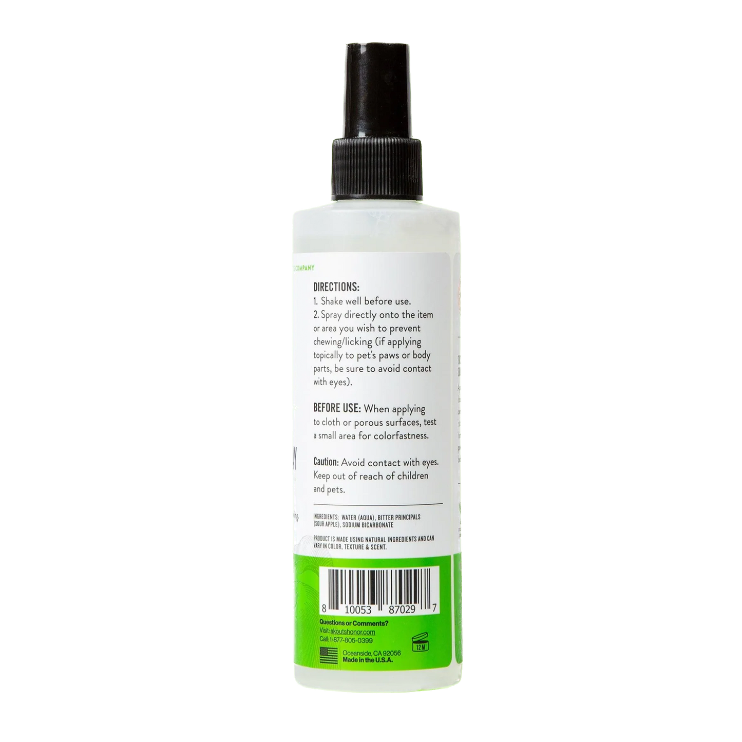 Back view of Skouts Honour anti chew spray bottle with usage directions and green label for pet health and wellness