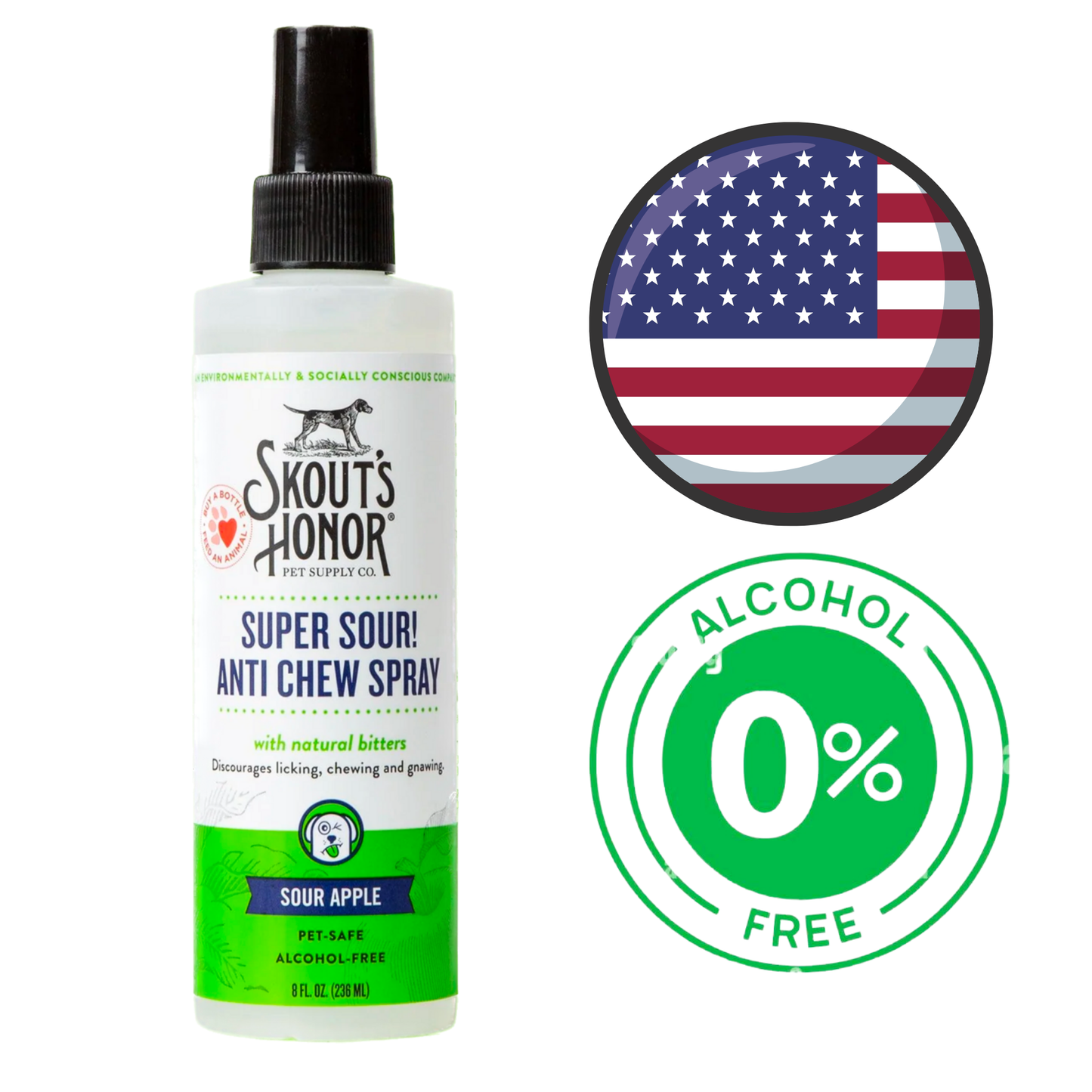 Skouts honour anti chew spray in sour apple scent with natural bitters, alcohol-free and pet-safe