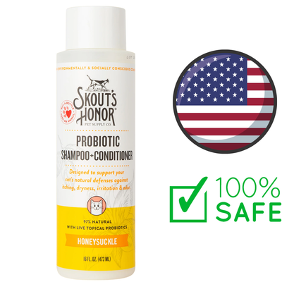 Skouts honour honeysuckle probiotic cat shampoo and conditioner bottle with natural ingredients and safe for cats