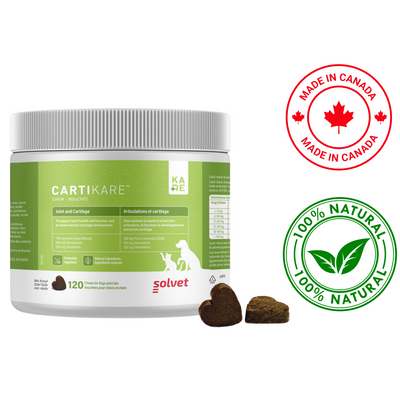 CartiKare joint chews for dogs and cats container with heart-shaped chews and 100 percent natural label