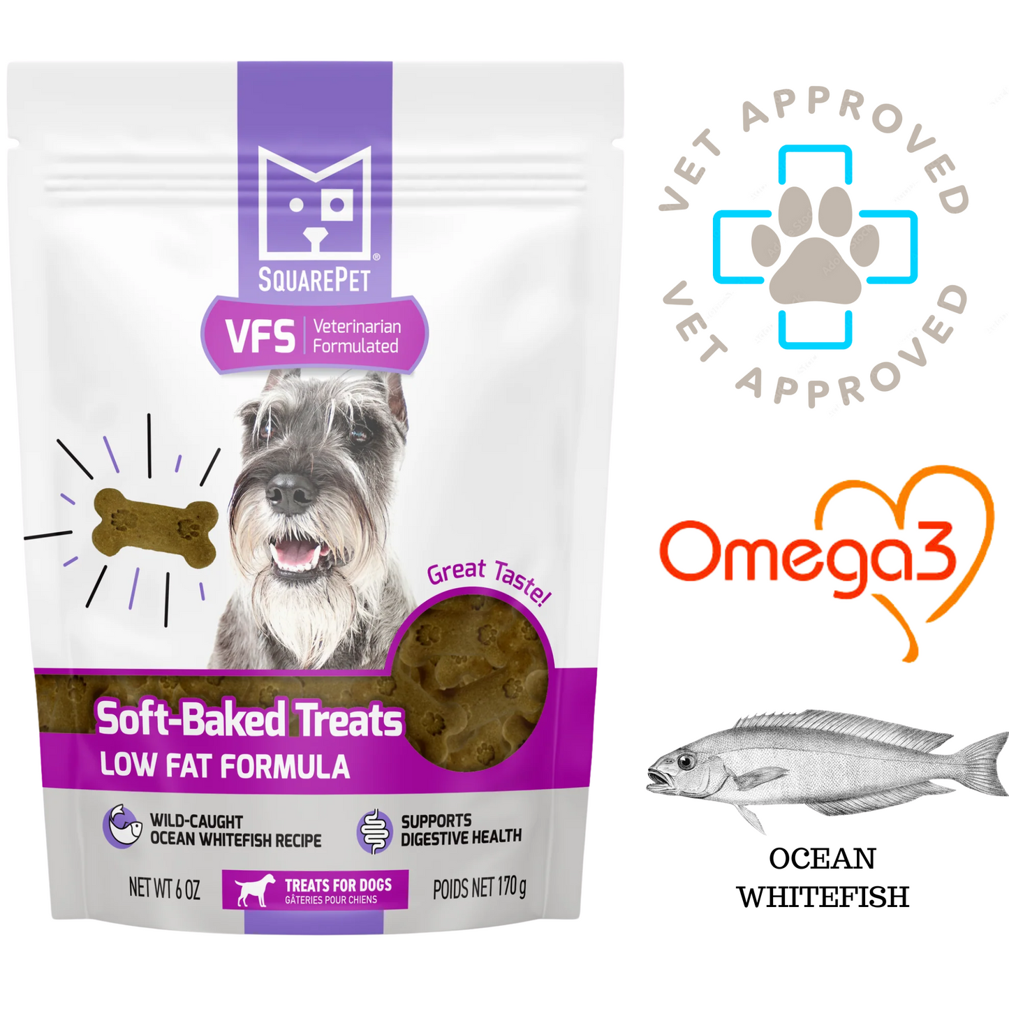 SquarePet soft-baked dog treats low fat formula with ocean whitefish for digestive health