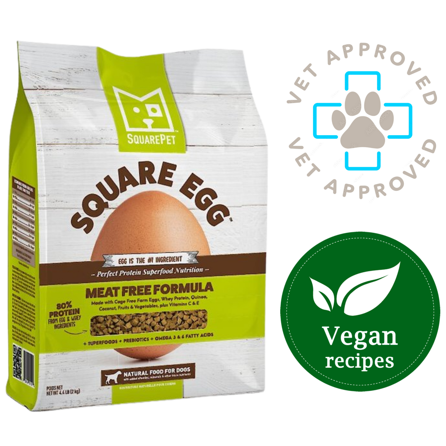 SquarePet egg meat free dog food bag with natural vegan recipe and vet approved label