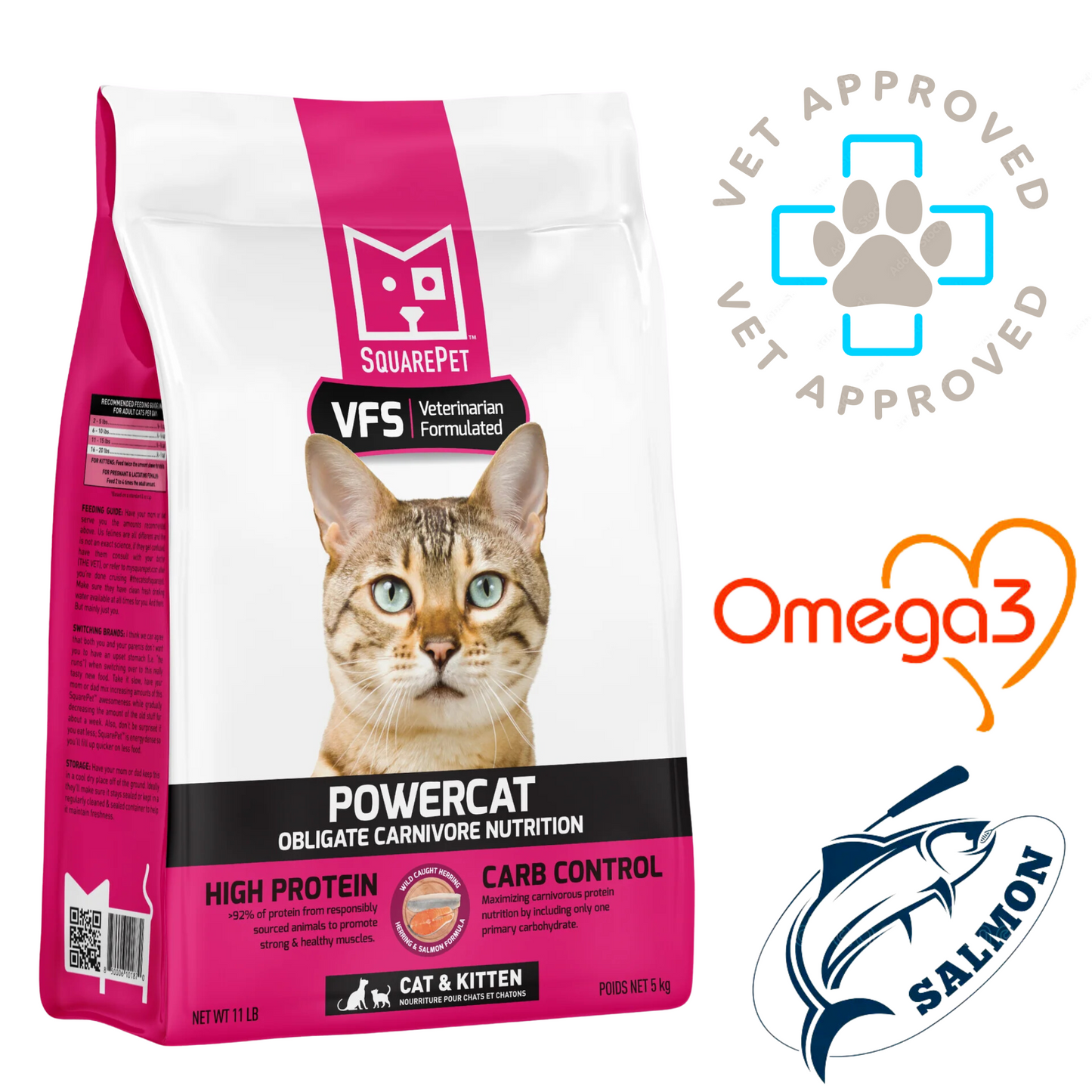 SquarePet Herring Salmon Cat Food in a pink bag designed for high protein and omega 3 nutrition